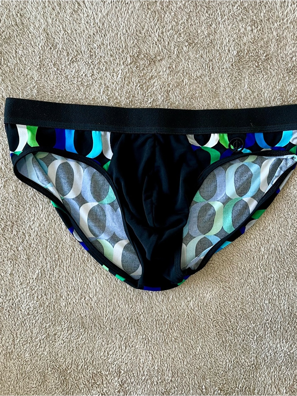Men's Black Briefs with Blue & Green Accent Pattern